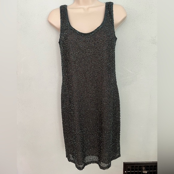 Vintage 80’s Silk Allover BEADED DRESS Shimmer Low Back Sleeveless Black Green 4 - Picture 1 of 14